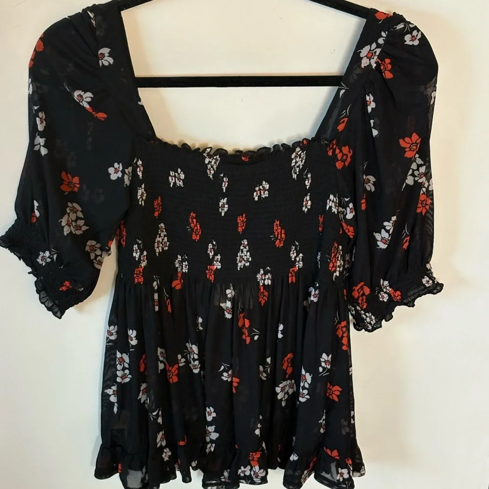 Free People Delta Dawn Midnight Combo Black Blouse with Red Floral Design NWT